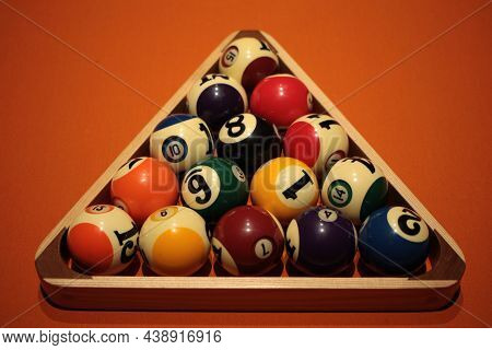 Pool Balls Pyramid On Orange Cloth For Eightball Game
