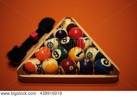 Pool Balls Pyramid On Orange Cloth For Eightball Game
