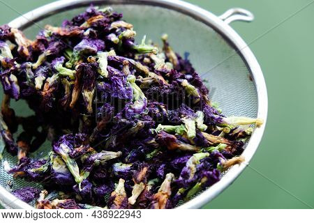 Dried Butterfly Pea, The Process Of Making Butterfly Pea Juice By The Traditional Thai Method.