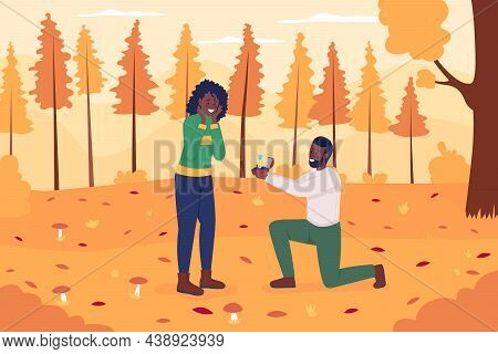 Romantic Fall Proposal Flat Color Vector Illustration. Man Kneeling And Showing Ring. Ask For Marria