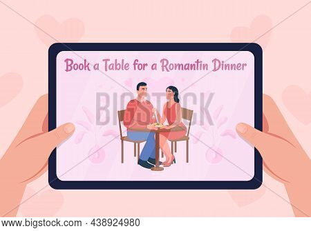 Book Table For Date Flat Color Vector Illustration. Planning Valentines Day Celebration. Lovers In C