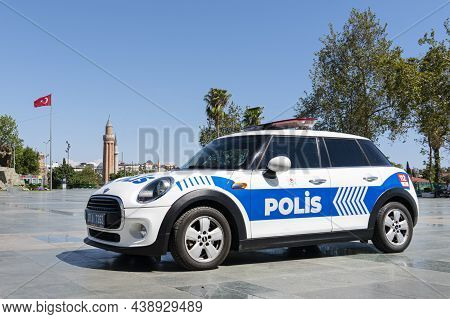 Turkey, Antalya Kaleichi 2021 09 07: Small And Fast Modern And Kind Police Car Mini Cooper Turkish P