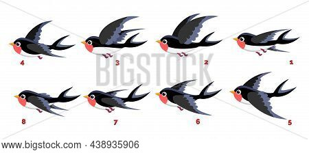 Cute Animated Bird. Swallow Animation Sprites, Martlet Birds Flight Movement Frame Vector Illustrati