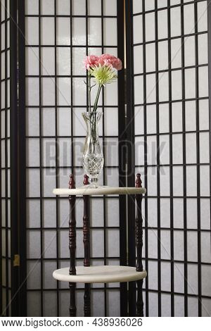 Flower Bouquet With Pink Flowers And Asian Shogi Screen Background