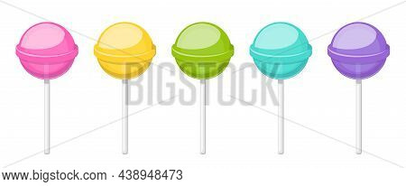 Lollipop, Round Hard Sugar Candy On Stick. Mint, Fruit And Berries Taste Lollypops. Vector Cartoon S