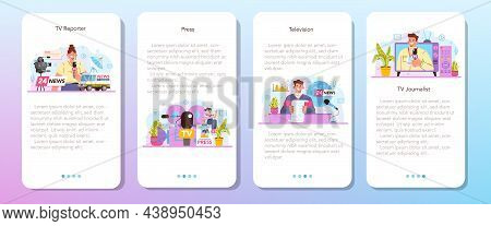 Tv Presenter Mobile Application Banner Set. Television Host In A Studio
