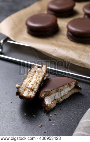 Tasty Broken Choco Pie On Grey Table
