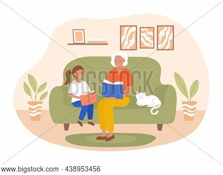 Grandmother And Granddaughter. Adult Woman Reads Skashzki For Night To Girl. Education, Happy Family