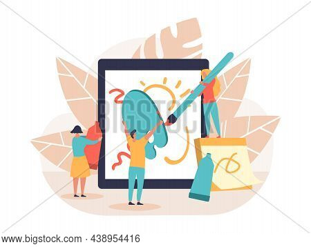 Team Drawing On Tablet. Group Of Designers Developing Graphic Elements For Ite. Page Design, Freelan