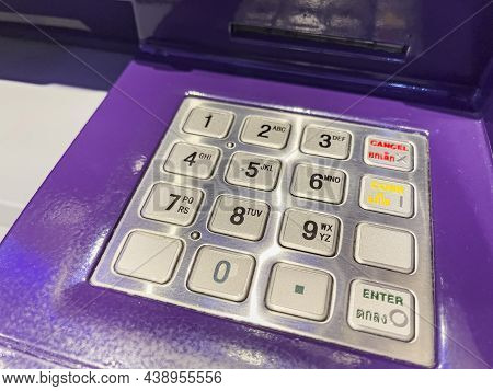 Pranburi, Thailand - October 19,2021, The Button Of Scb Bank Atm With Thai Alphabet Which Is Used Fo