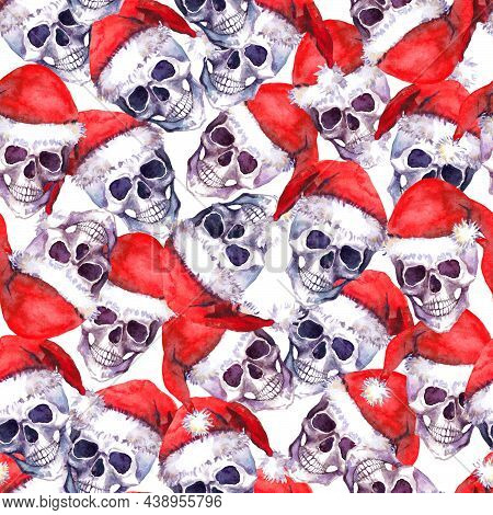 Creepy Christmas Skulls In Red Santa Hats Seamless Pattern. Xmas Watercolor Repeated Background