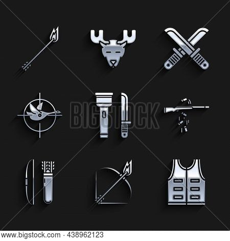 Set Flashlight And Knife, Bow Fire Arrow, Hunting Jacket, Gun Shooting, Quiver, On Duck With Crossha