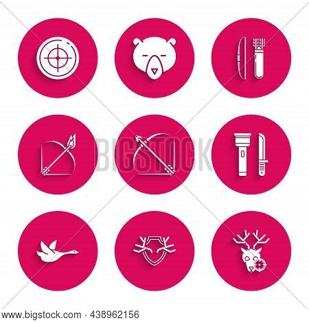 Set Bow And Arrow In Quiver, Deer Antlers On Shield, Hunt Deer With Crosshairs, Flashlight Knife, Fl