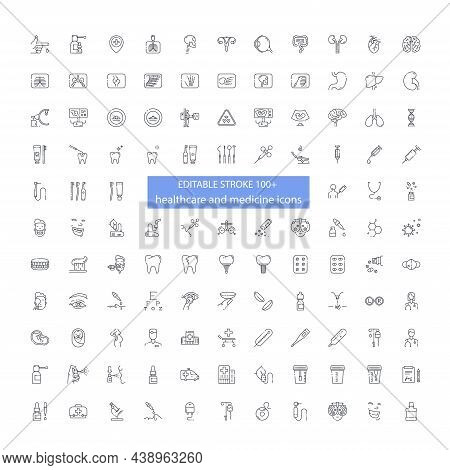 Line Icon Set With Fully Editable Stroke Not Expanded. Healthcare And Medicine One Hundred Plus Symb