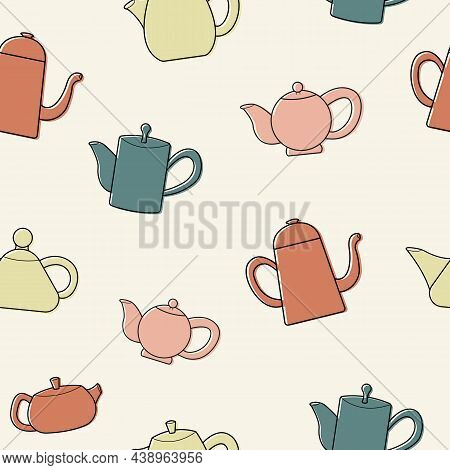Seamless Pattern With Colored Teapots. Doodle Style