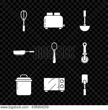 Set Kitchen Whisk, Toaster With Toasts, Ladle, Cooking Pot, Microwave Oven, Spatula, Frying Pan And 