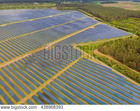 Solar Panel Produces Green, Environmentaly Friendly Energy From The Setting Sun. Aerial View From Dr