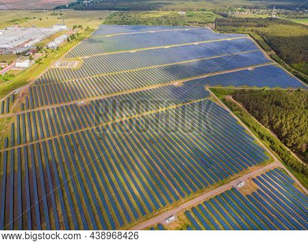 Solar Panel Produces Green, Environmentaly Friendly Energy From The Setting Sun. Aerial View From Dr