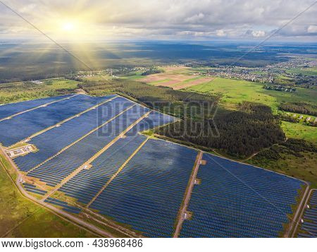 Solar Panel Produces Green, Environmentaly Friendly Energy From The Setting Sun. Aerial View From Dr