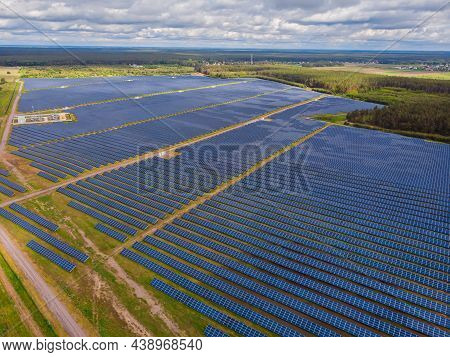 Solar Panel Produces Green, Environmentaly Friendly Energy From The Setting Sun. Aerial View From Dr