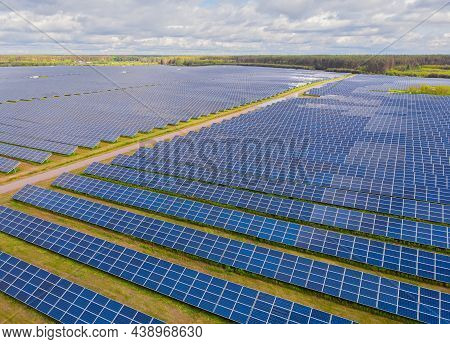 Solar Panel Produces Green, Environmentaly Friendly Energy From The Setting Sun. Aerial View From Dr