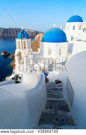 Famous Blue Domes And Volcano Caldera With Sea Landscape, Beautiful Details Of Oia And Santorini Isl