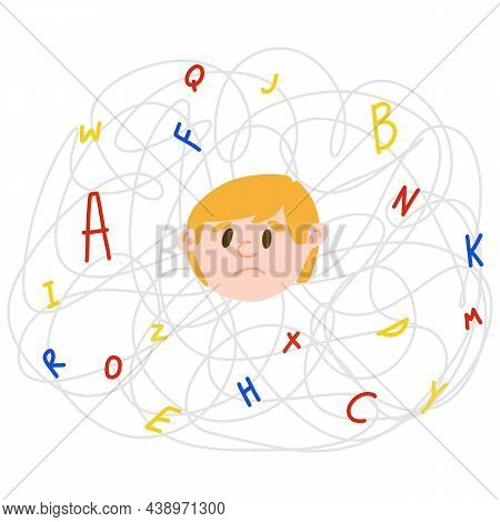 Upset Light-skinned Child With Invisible Disease Dyslexia. Concept Of Dyslexic Boy In The Chaos Of L