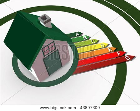 Calificaciones de energía creciente de casa 3d en fondo verde circular