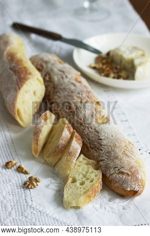Homemade Baguettes, Served With Blue Cheese And Nuts. Rustic Style.