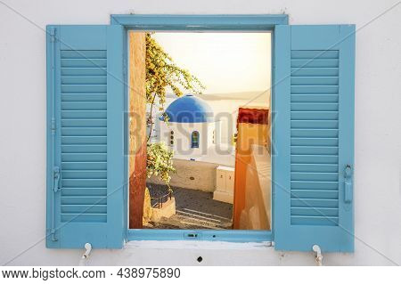 Narrow Street Of Oia, Traditional Greek Village Of Santorini, Greece, View Through Window
