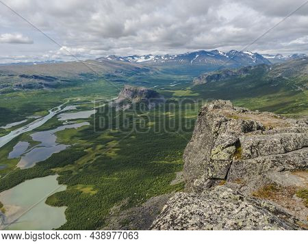 Aerial Scenic View From Skierffe Rock Summit On Glacial Rapadalen River Delta Valley At Sarek Nation