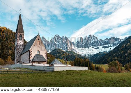 Villnoess Funes Valley, Autumn Scenics, Trentino, Italy. High Quality Photo