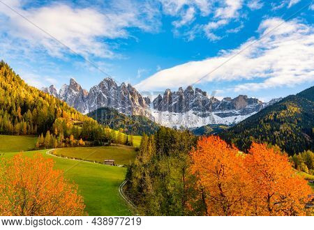 Villnoess Funes Valley, Autumn Scenics, Trentino, Italy. High Quality Photo