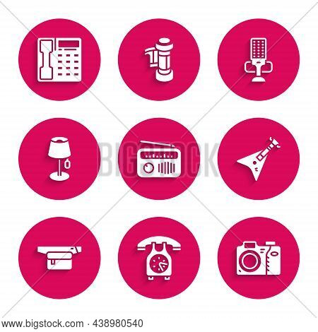 Set Radio With Antenna, Telephone Handset, Photo Camera, Electric Bass Guitar, Waist Bag Of Banana, 