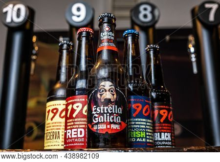 Extremadura, 11.05, 2021. All Estrella Galicia Beers Together On A Bar Counter. Spanish Beer