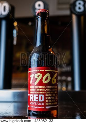 Extremadura, 11.05, 2021. Bottle Of Estrella Galicia 1906 On A Bar Counter. Estrella Galicia Is Prod