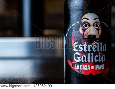 Extremadura, 11.05, 2021. Bottle Of Estrella Galicia 1906 On A Bar Counter. Estrella Galicia Is Prod