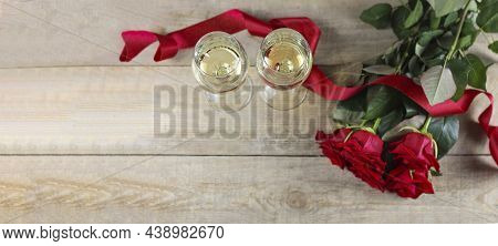 Valentine's Day Concept Valentine's Day. Red Rose With Petals On A Background. Banners, Postcard. Gi