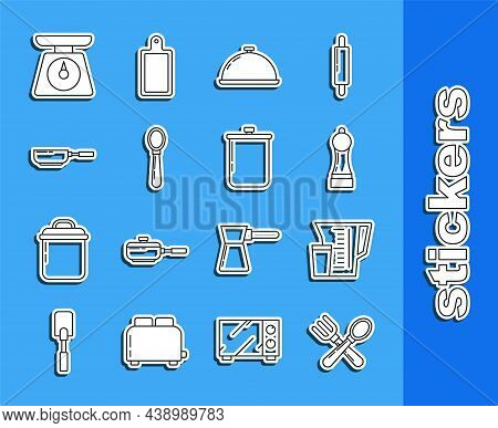 Set Line Crossed Fork And Spoon, Measuring Cup, Pepper, Covered With Tray Of Food, Spoon, Frying Pan