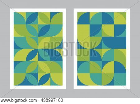Abstract Geometric Pattern Background. Bauhaus Style Art. Circle, Semicircle, Square Shapes. Green A
