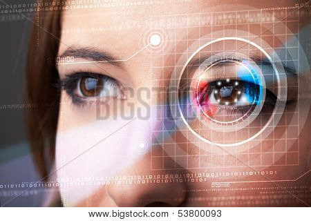 Modern cyber woman with technolgy eye looking