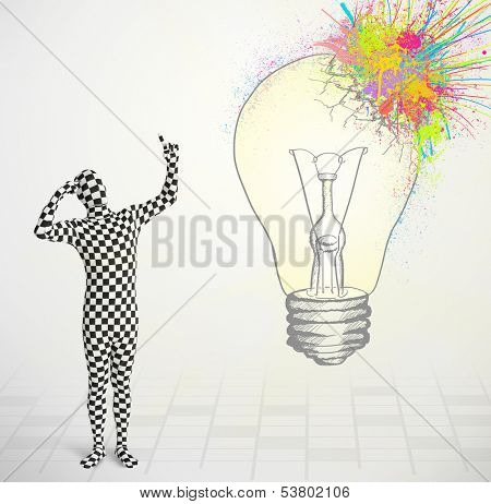 3d human character is body suit morphsuit looking at abstract colorful lightbulb