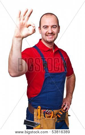 portrait of caucasian handyman isolated on white background