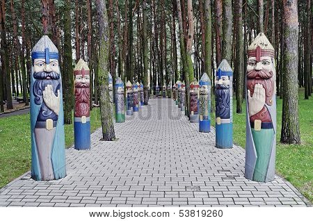 Entrance To The Park With Wooden Sculptures Of Knights