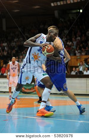 KAPOSVAR, HUNGARY ÃÂ¢Ã?Ã? OCTOBER 26: Wayne Chism (in white) in action at a Hungarian Championship basketball game with Kaposvar (white) vs. Fehervar (blue) on October 26, 2013 in Kaposvar, Hungary.