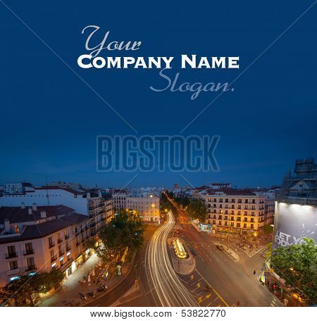 Aerial view of a night scene in Glorieta de Bilbao in Madrid, Spain