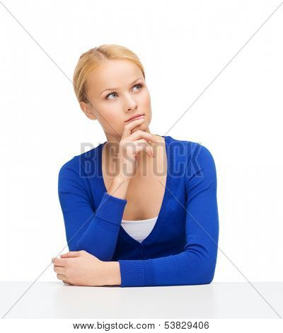 hapiness and people concept - serious young woman making decisions