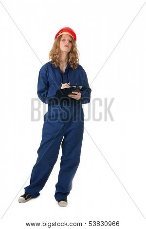 Young woman with blue overall and clipboard