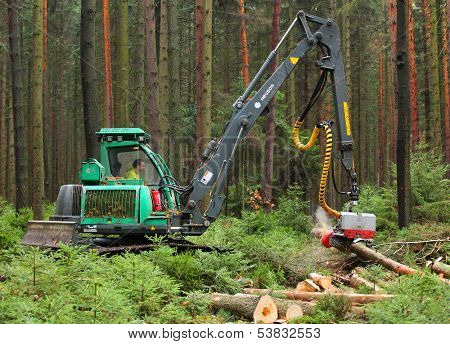 PILSEN CZECH REPUBLIC - NOVEMBER 11: unidentified lumberjack with modern harvestor working in a forest on November 11, 2013. Forestry is Czech's traditional industry with a very long history. 