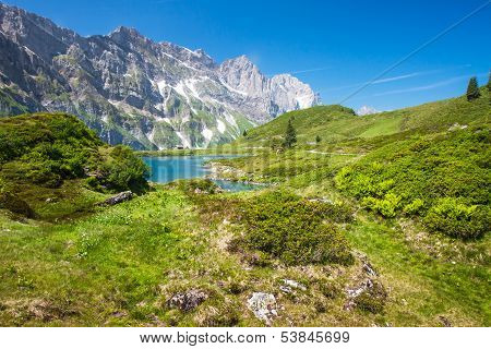 Hiking Around Truebsee Lake In Swiss Alps, Engelberg, Central Switzerland